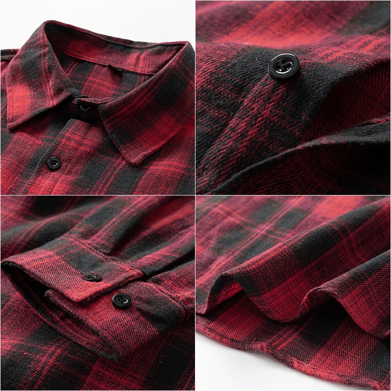 Áo sơ mi dài tay màu đỏ rộng rãi dành cho nam Áo sơ mi dài tay màu xanh đen dành cho doanh nhân Áo sơ mi Cotton kẻ sọc thông thường