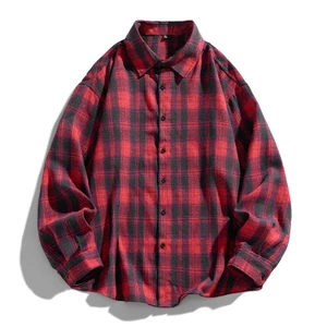 Áo sơ mi dài tay màu đỏ rộng rãi dành cho nam Áo sơ mi dài tay màu xanh đen dành cho doanh nhân Áo sơ mi Cotton kẻ sọc thông thường