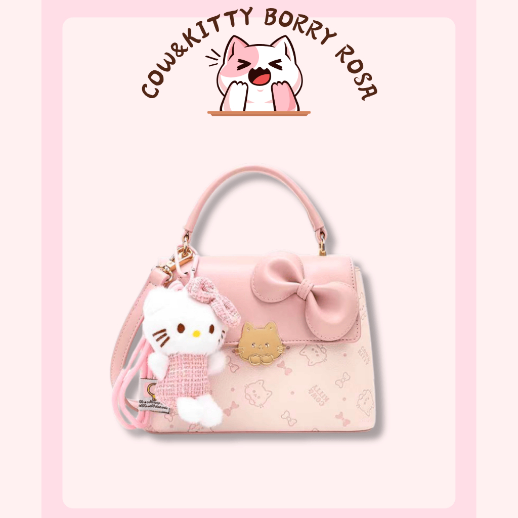 BORRY ROSA / COW & KITTY Túi xách đeo chéo màu hồng túi giỏ màu hồng có khóa kéo và bùa chú mèo, túi tote dành cho nữ