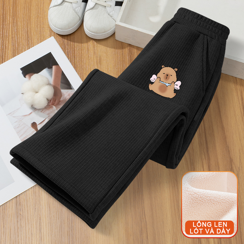 W.G.Q Quần Bé Gái, Lớp Lót Lông Cừu Phong Cách Thu Đông Làm Dày, Ấm Áp Thoải Mái Với In capybara, Thích Hợp Cho Thời Tiết Lạnh