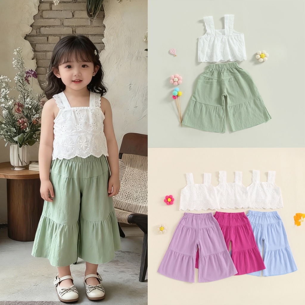 Bộ quần áo mùa hè cho bé gái 1-6 tuổi, Áo ren không tay màu trơn + Quần ống rộng co giãn thông thường