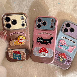 Sweet Girly Thêu Puppy Cat Mirror Stand Vỏ Điện Thoại Da Mềm Cho iPhone 17Promax 16Promax 12 13 14 15 Pro Max 11 Chống Sốc Bảo Vệ Toàn Diện Nữ Vỏ Di Động