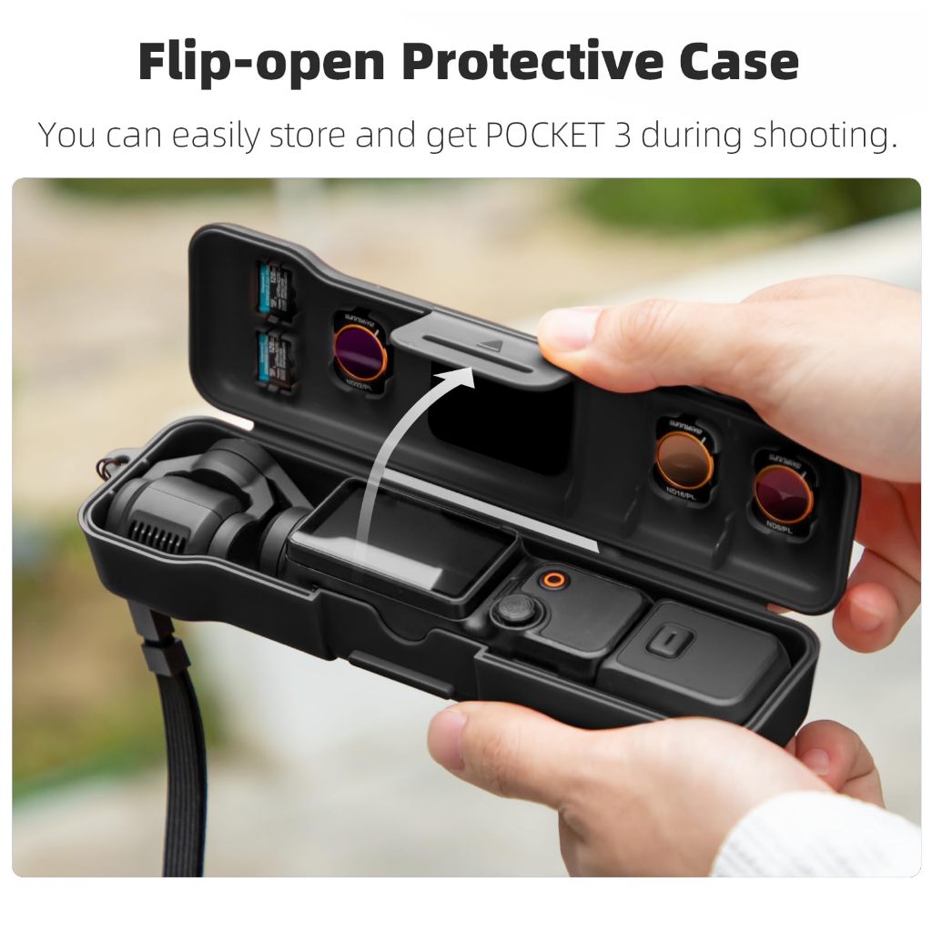 Hộp chống nước cho DJI Osmo Pocket 3 Creator Combo – Túi cứng nhỏ gọn với khe gắn filter CPL/ND từ tính & khe thẻ SD, kèm dây đeo tay