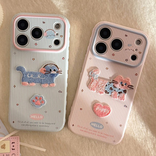 Hàn Quốc Ins Ngọt Ngào Nữ Tính Thêu Mèo Hồng Sọc Trái Tim Tình Yêu Ốp Lưng Điện Thoại iPhone 17Promax 16Promax 12 13 14 15 Pro Max Silicon Bóng Chống Sốc Nữ Vỏ Di Động