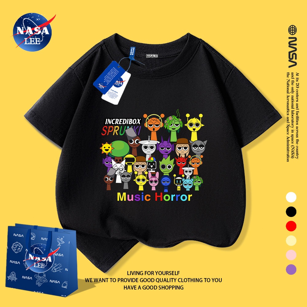 NASA áo thun trẻ em cotton, thoải mái, thoáng khí, họa tiết Sprunki, phù hợp 2-16 tuổi