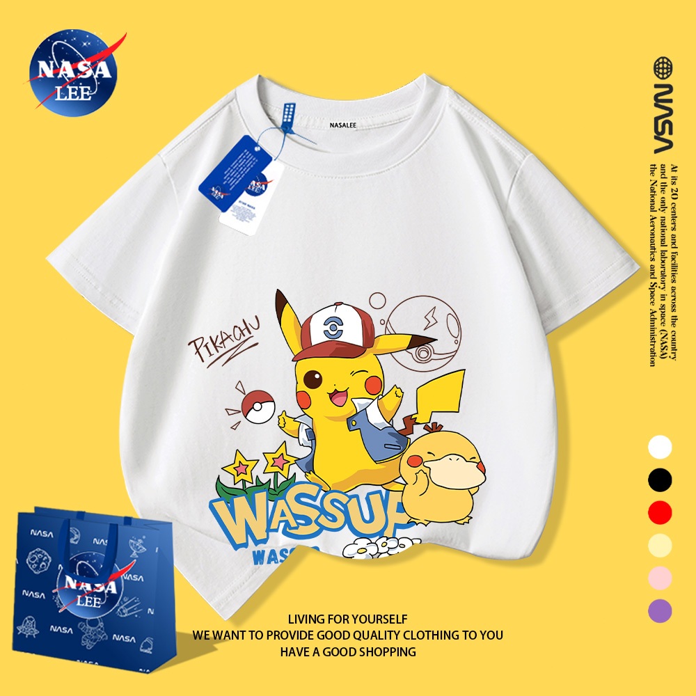 NASA áo thun trẻ em trai 2025, cotton, tay ngắn, kiểu Hàn Quốc, lưng Pikachu, thời trang
