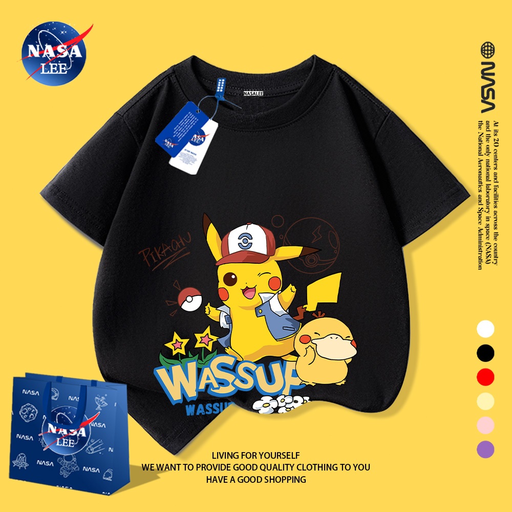 NASA áo thun trẻ em trai 2025, cotton, tay ngắn, kiểu Hàn Quốc, lưng Pikachu, thời trang