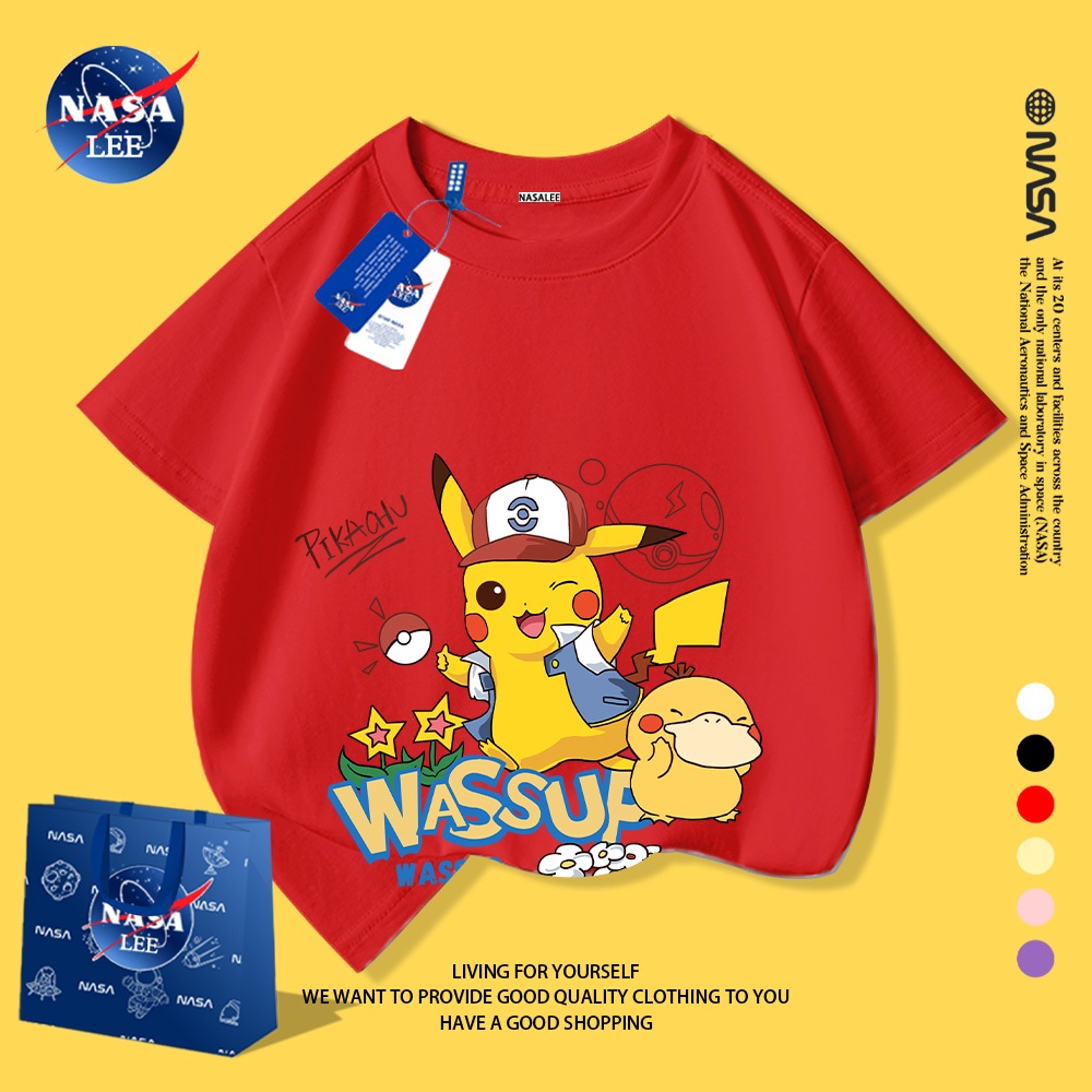 NASA áo thun trẻ em trai 2025, cotton, tay ngắn, kiểu Hàn Quốc, lưng Pikachu, thời trang