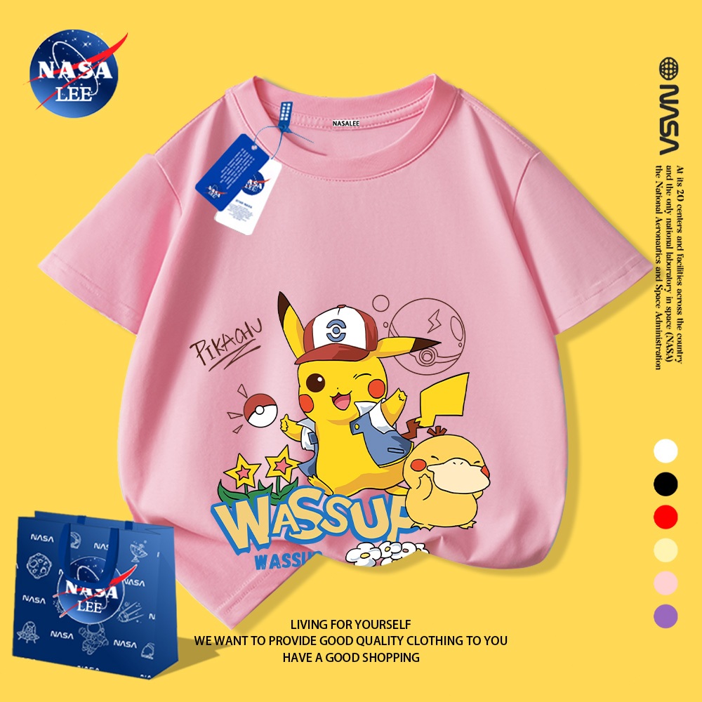NASA áo thun trẻ em trai 2025, cotton, tay ngắn, kiểu Hàn Quốc, lưng Pikachu, thời trang