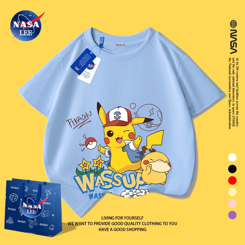 NASA áo thun trẻ em trai 2025, cotton, tay ngắn, kiểu Hàn Quốc, lưng Pikachu, thời trang