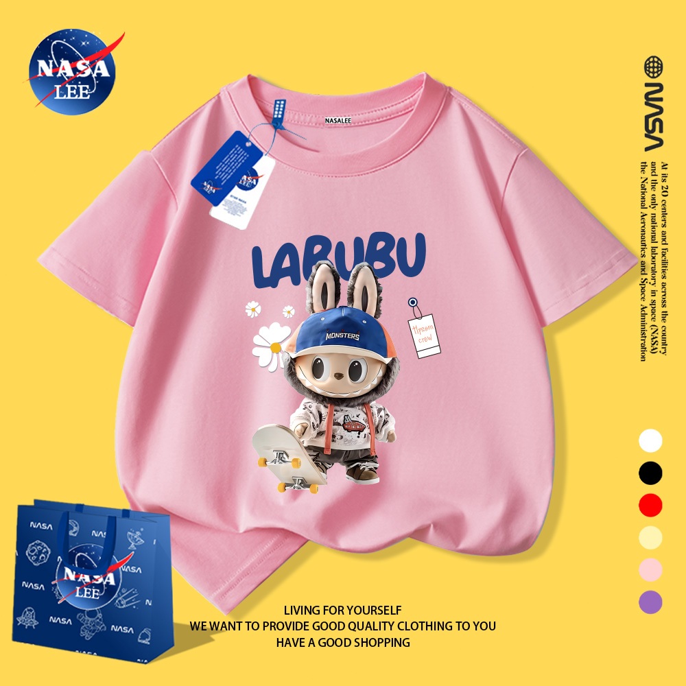 NASA áo thun trẻ em trai tay ngắn, họa tiết LABUBU, chất liệu mềm mại, có thể mặc trong hoặc ngoài