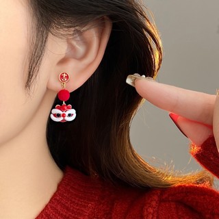 Bông tai năm mới cá koi sư tử đỏ, phong cách Trung Hoa bất đối xứng