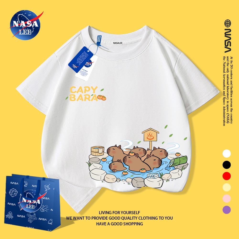 NASA áo thun trẻ em 2025, cotton, kiểu Hàn Quốc, in hình Capybara, thời trang cho bé trai