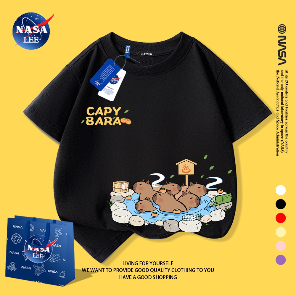 NASA áo thun trẻ em 2025, cotton, kiểu Hàn Quốc, in hình Capybara, thời trang cho bé trai