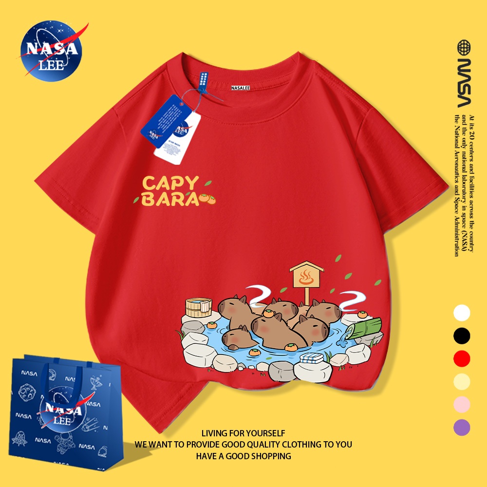 NASA áo thun trẻ em 2025, cotton, kiểu Hàn Quốc, in hình Capybara, thời trang cho bé trai