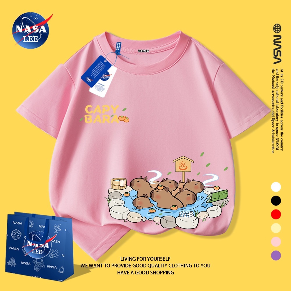 NASA áo thun trẻ em 2025, cotton, kiểu Hàn Quốc, in hình Capybara, thời trang cho bé trai