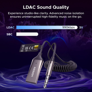 Bộ chuyển đổi AUX trên ô tô UGREEN Bluetooth 6.0 – Âm thanh độ phân giải cao, LDAC / AAC / SBC, Cuộc gọi rảnh tay
