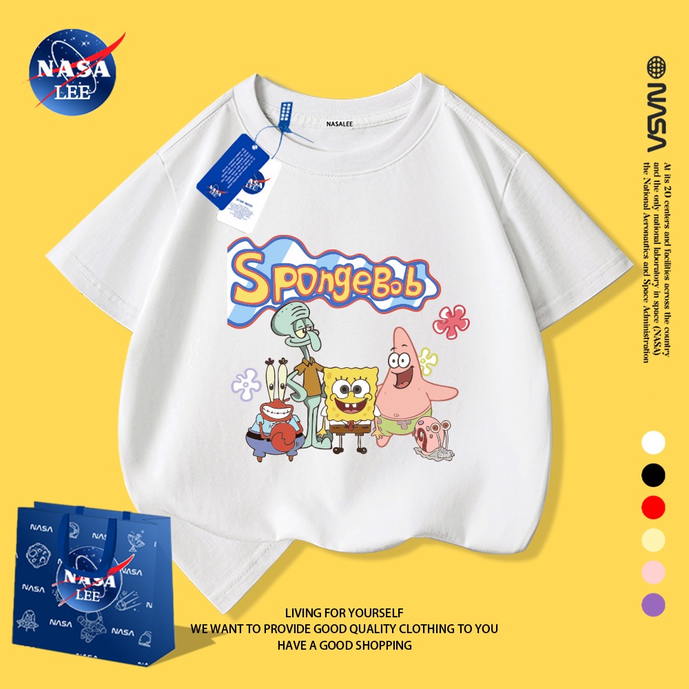 NASA Áo thun cotton in hình SpongeBob cho trẻ em, thoáng khí, mặc trong nhà ngoài trời, mùa hè
