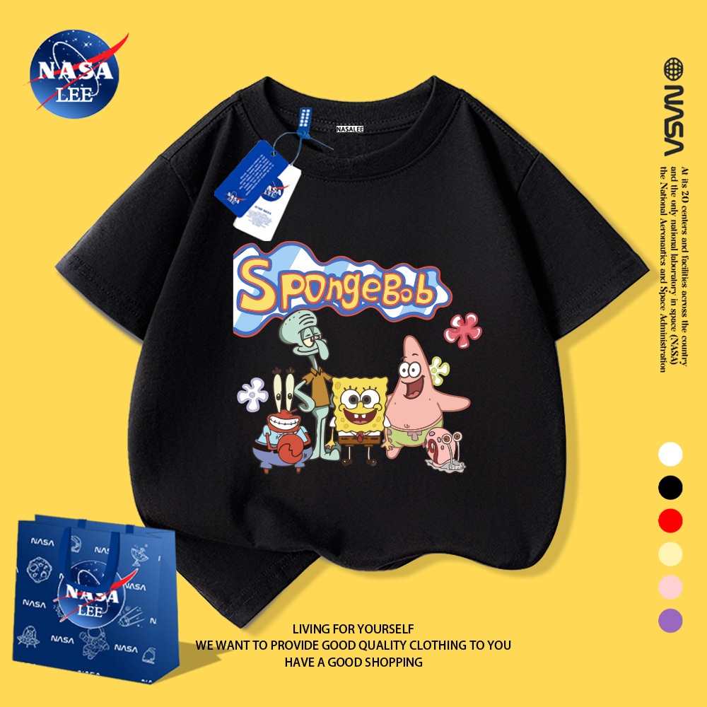 NASA Áo thun cotton in hình SpongeBob cho trẻ em, thoáng khí, mặc trong nhà ngoài trời, mùa hè