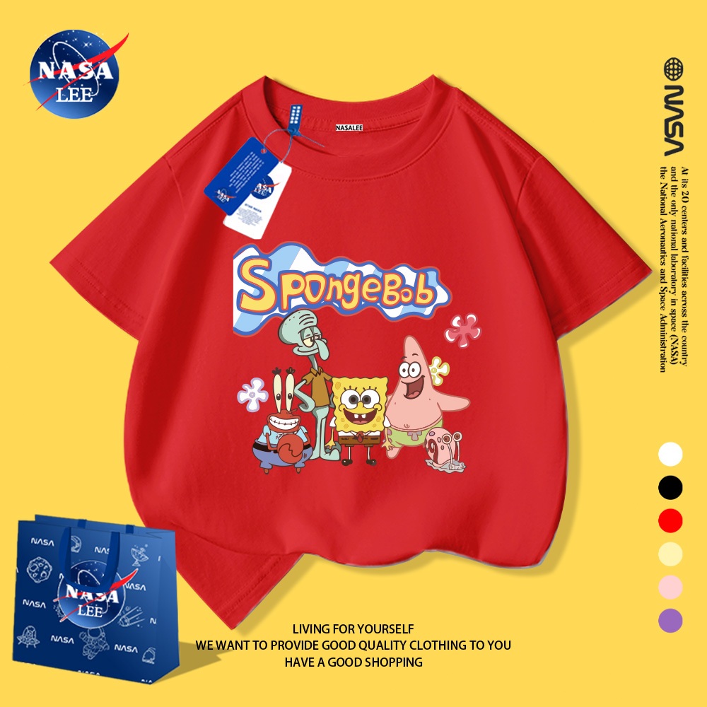 NASA Áo thun cotton in hình SpongeBob cho trẻ em, thoáng khí, mặc trong nhà ngoài trời, mùa hè