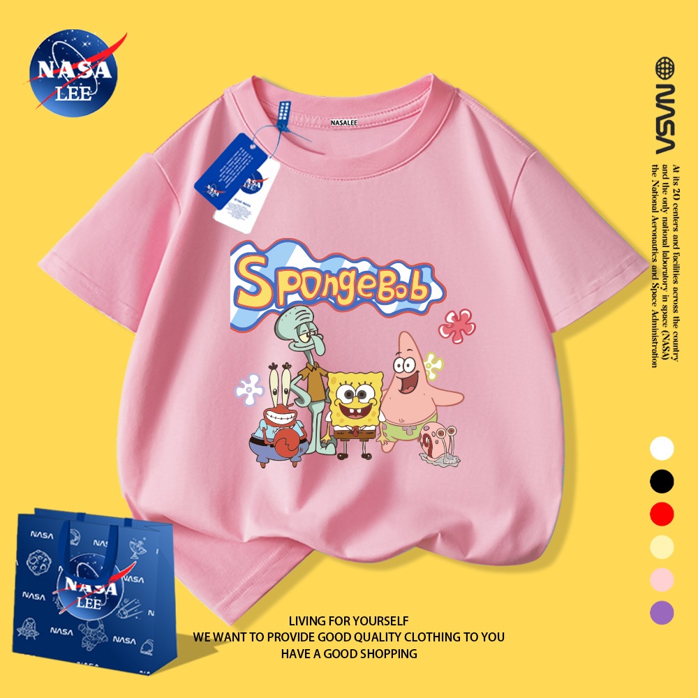 NASA Áo thun cotton in hình SpongeBob cho trẻ em, thoáng khí, mặc trong nhà ngoài trời, mùa hè