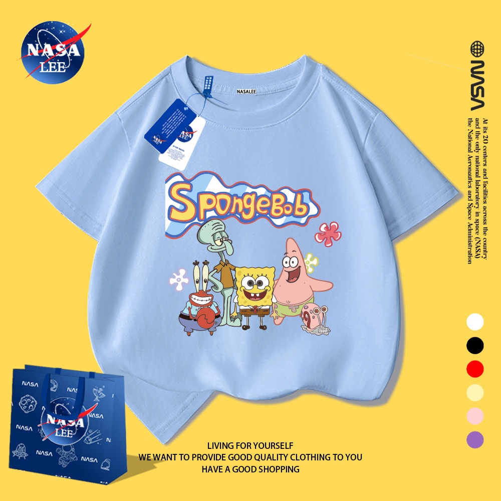 NASA Áo thun cotton in hình SpongeBob cho trẻ em, thoáng khí, mặc trong nhà ngoài trời, mùa hè
