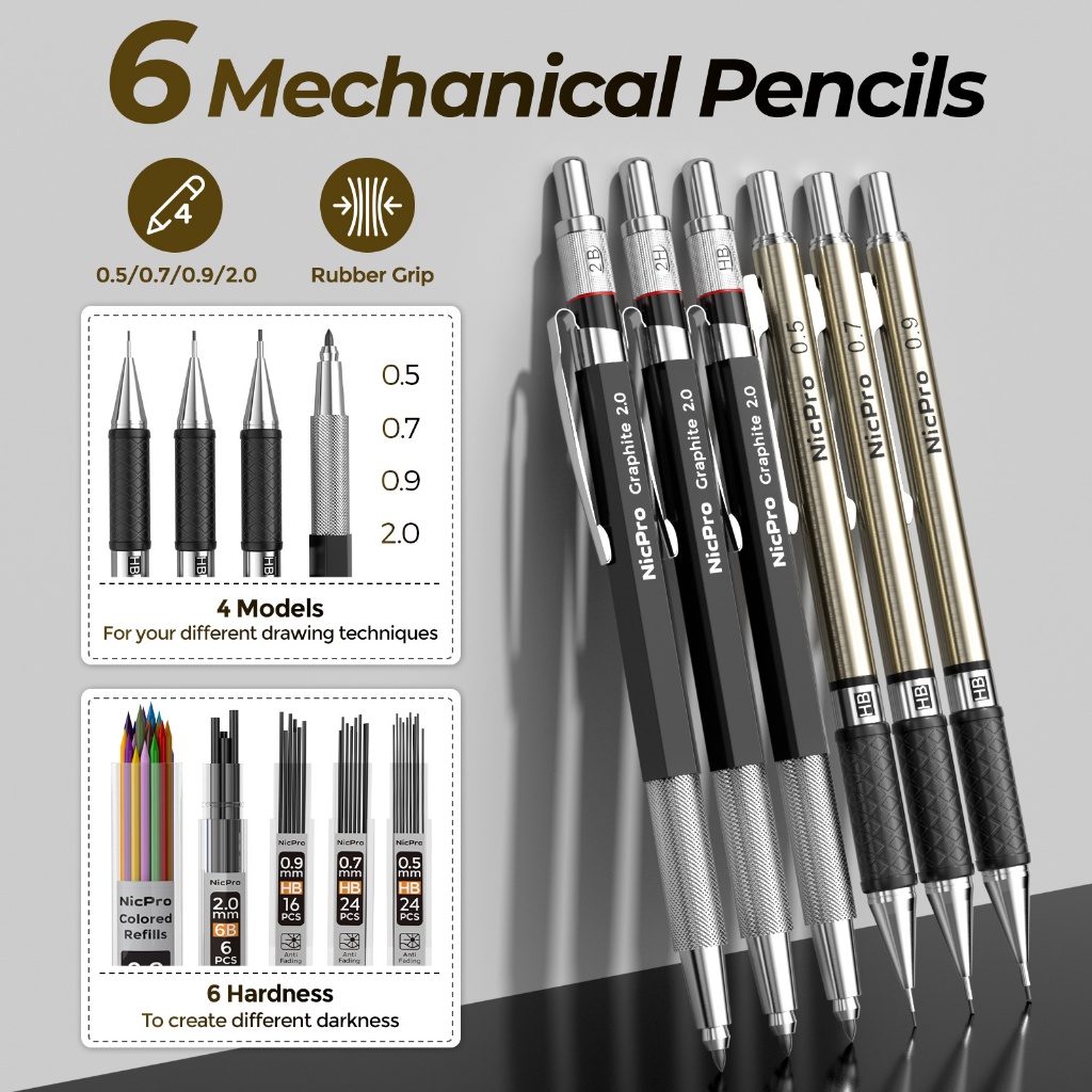 Nicpro 58 CÁI Bộ dụng cụ vẽ nghệ thuật bằng da, Bộ bút chì cơ nghệ thuật với 6 bút chì soạn thảo kim loại 0,5 & 0,7 & 0,9 & 2mm, 12 Micron Pen, Sách phác thảo, 30 ống chì Refil