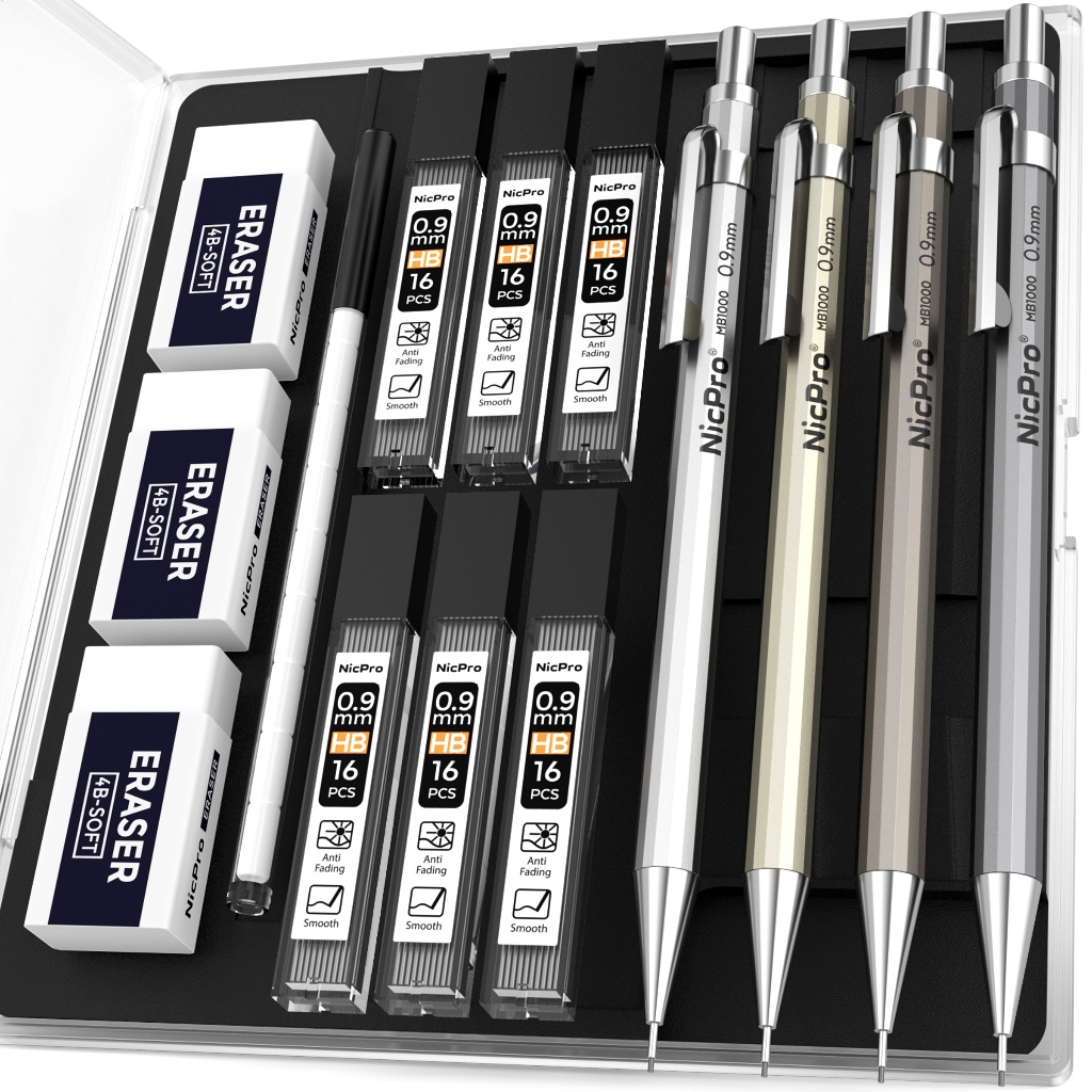 Nicpro 4 Gói Kim Loại Bút Chì Cơ 0.9mm, MB1000 Chì Soạn Thảo 0.9mm Với 6 Ống HB #2 Nạp chì, Tẩy 3 CÁI 4B, Tẩy 9 nắp dành cho nghệ sĩ Viết, Phác thảo