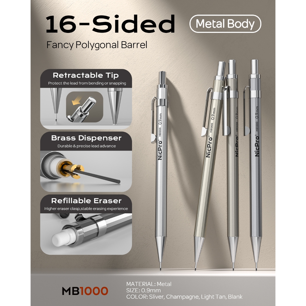 Nicpro 4 Gói Kim Loại Bút Chì Cơ 0.9mm, MB1000 Chì Soạn Thảo 0.9mm Với 6 Ống HB #2 Nạp chì, Tẩy 3 CÁI 4B, Tẩy 9 nắp dành cho nghệ sĩ Viết, Phác thảo