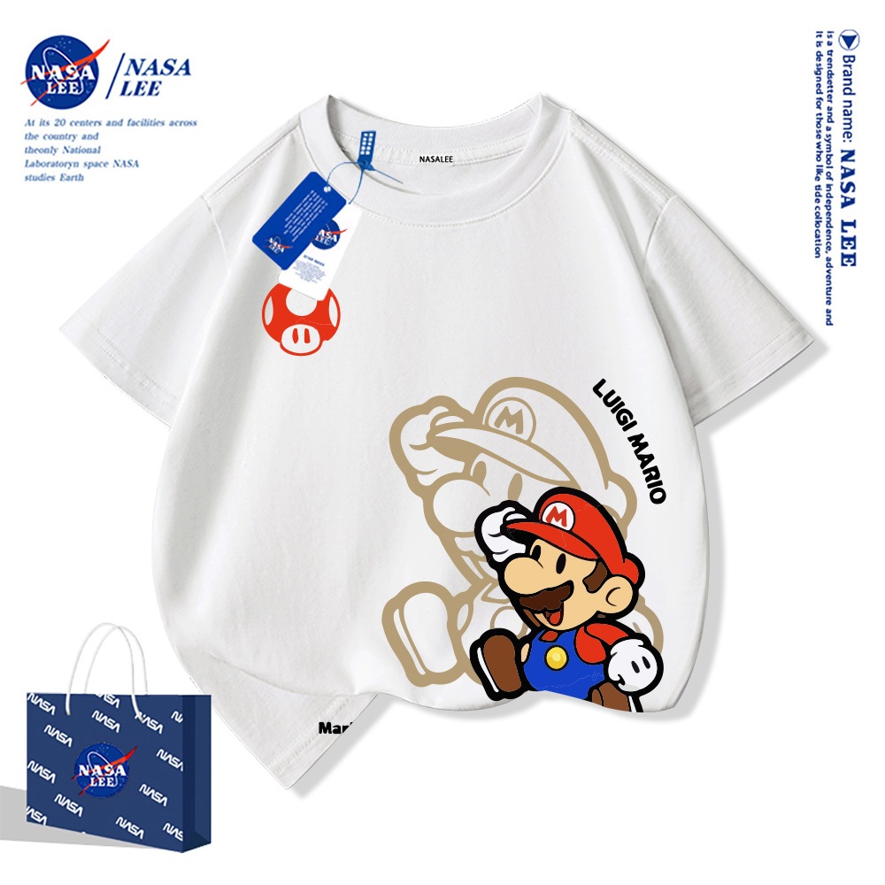 NASA Mario Trẻ Em Mùa Hè Cổ Tròn Tay Ngắn Cotton Nguyên Chất Nam Nữ Trẻ Em Áo Hoạt Hình