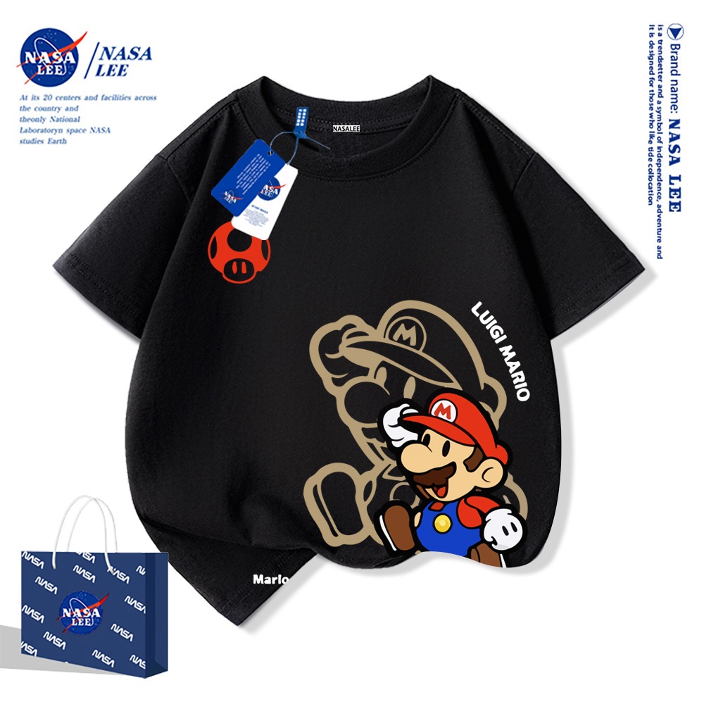 NASA Mario Trẻ Em Mùa Hè Cổ Tròn Tay Ngắn Cotton Nguyên Chất Nam Nữ Trẻ Em Áo Hoạt Hình