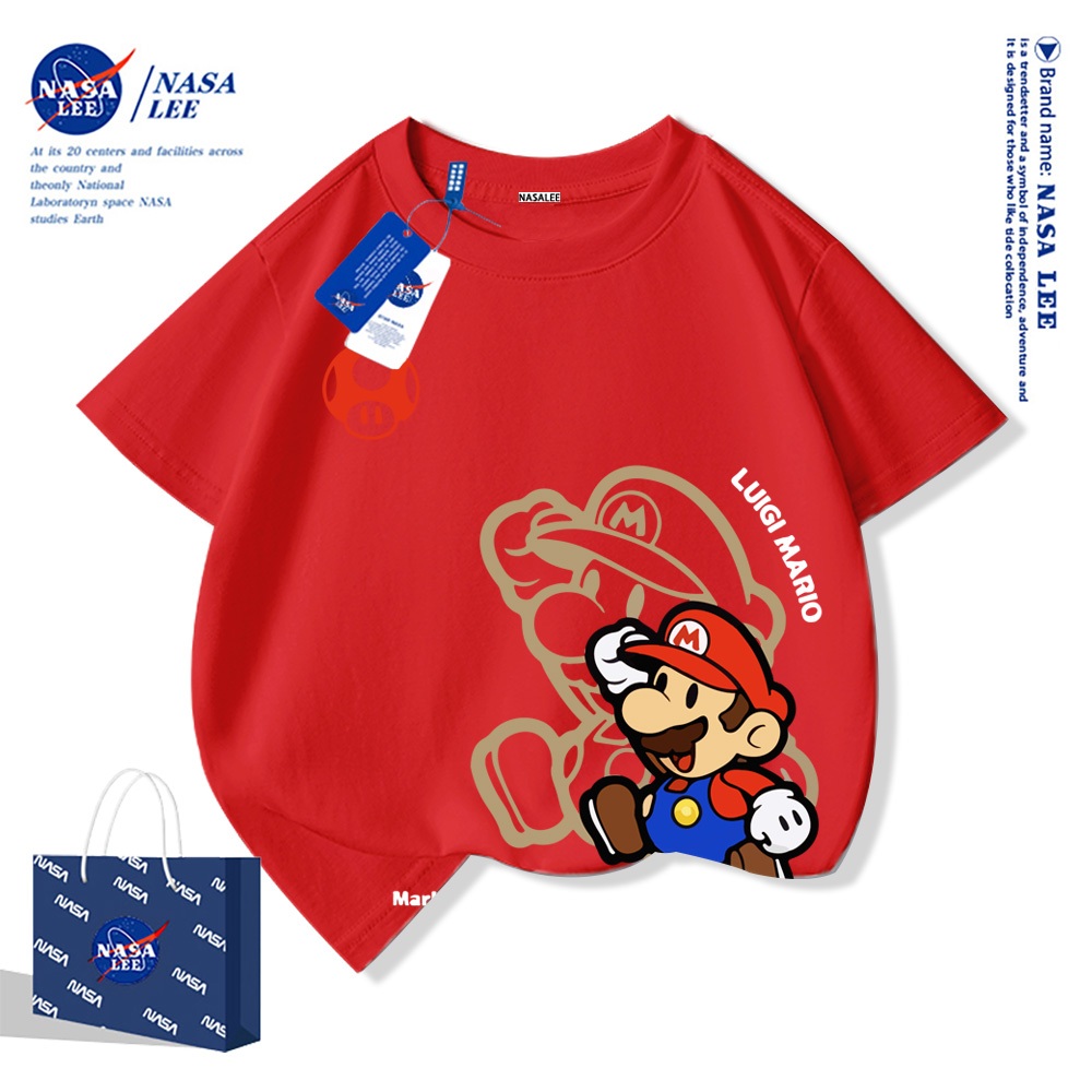 NASA Mario Trẻ Em Mùa Hè Cổ Tròn Tay Ngắn Cotton Nguyên Chất Nam Nữ Trẻ Em Áo Hoạt Hình