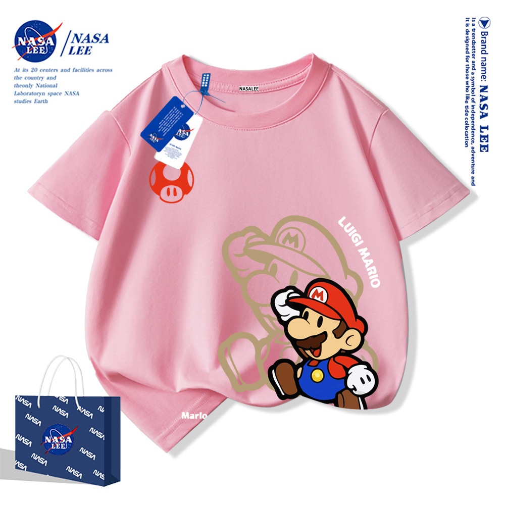 NASA Mario Trẻ Em Mùa Hè Cổ Tròn Tay Ngắn Cotton Nguyên Chất Nam Nữ Trẻ Em Áo Hoạt Hình