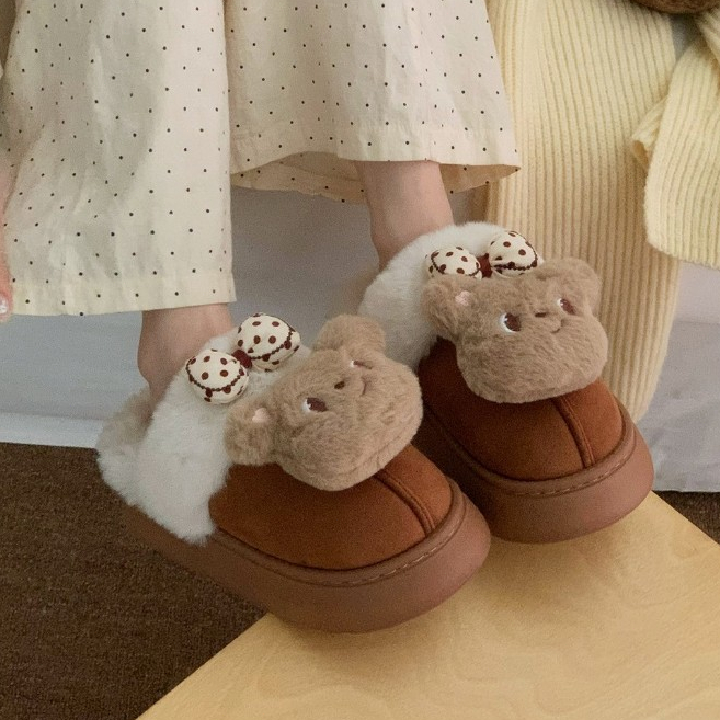 Xixitiao Cotton Dép Lông Cừu Lót Mùa Đông Gấu Dễ Thương Ấm Áp Đế Dày Trong Nhà Ngoài Trời