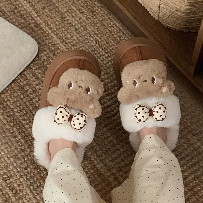 Xixitiao Cotton Dép Lông Cừu Lót Mùa Đông Gấu Dễ Thương Ấm Áp Đế Dày Trong Nhà Ngoài Trời