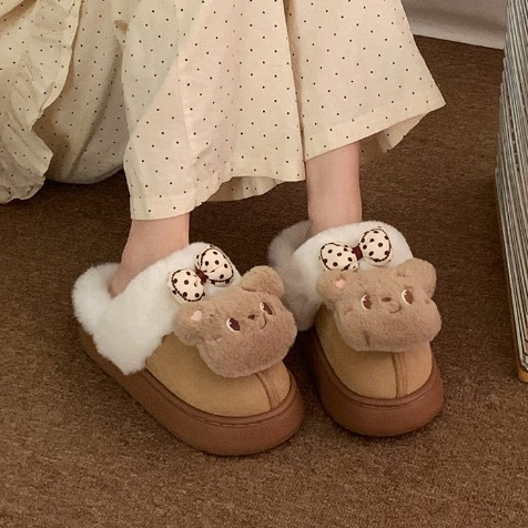 Xixitiao Cotton Dép Lông Cừu Lót Mùa Đông Gấu Dễ Thương Ấm Áp Đế Dày Trong Nhà Ngoài Trời