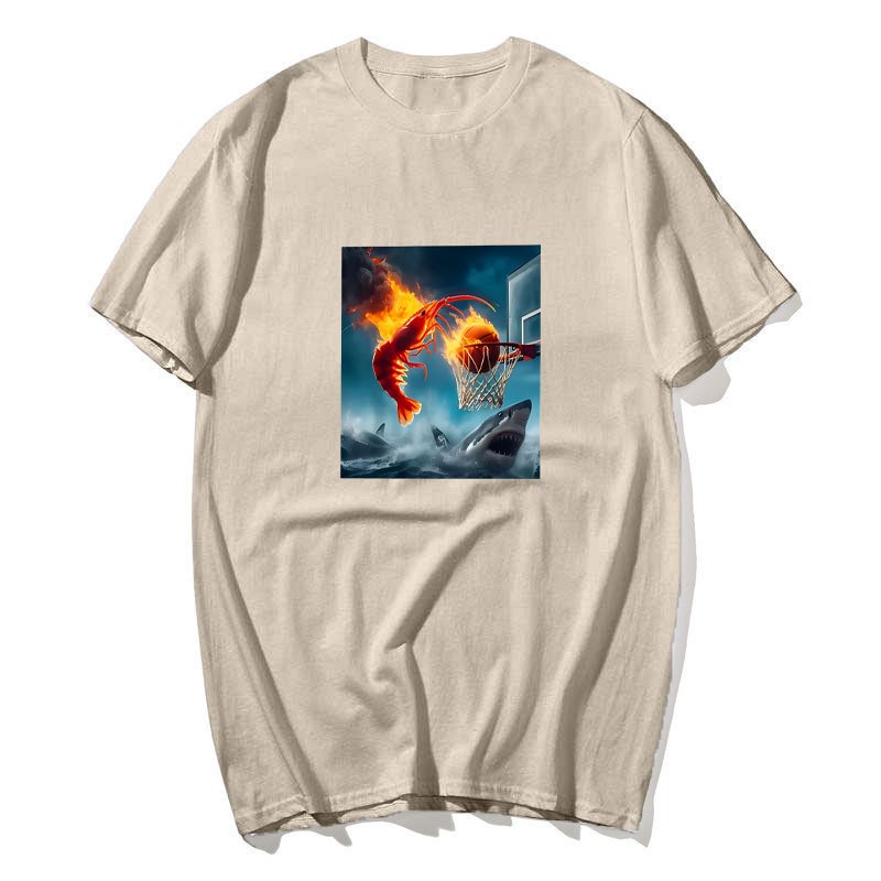 Áo Thun Oversize Cotton 100%, Thiết Kế Câu Cá Trừu Tượng và Meme Tôm Dunking Cho Nam Nữ