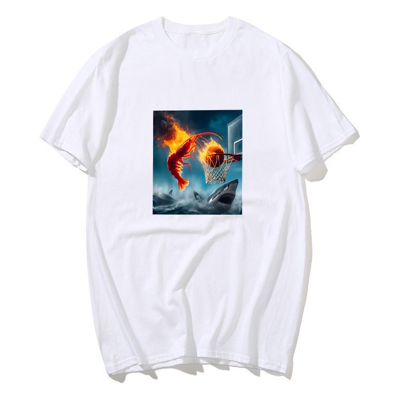 Áo Thun Oversize Cotton 100%, Thiết Kế Câu Cá Trừu Tượng và Meme Tôm Dunking Cho Nam Nữ