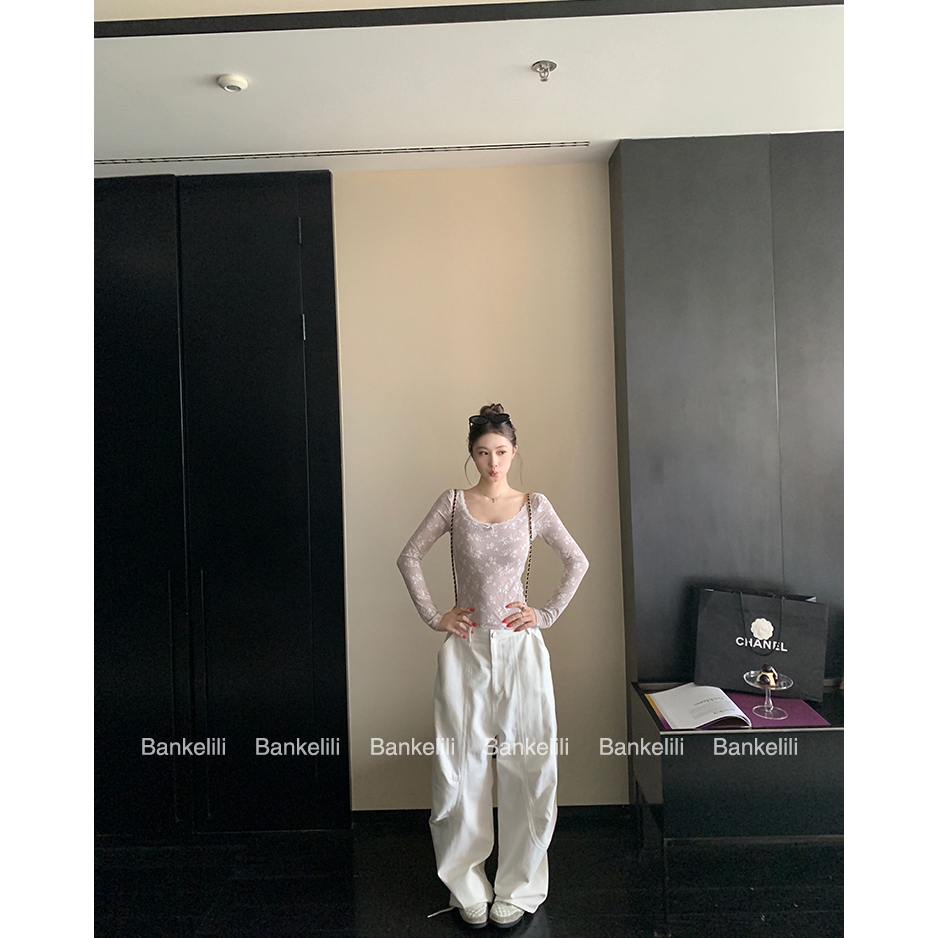【Hàng giao ngay】Áo thun dài tay phong cách Pháp thu đông, thiết kế slim-fit ôm body với nơ phối ren