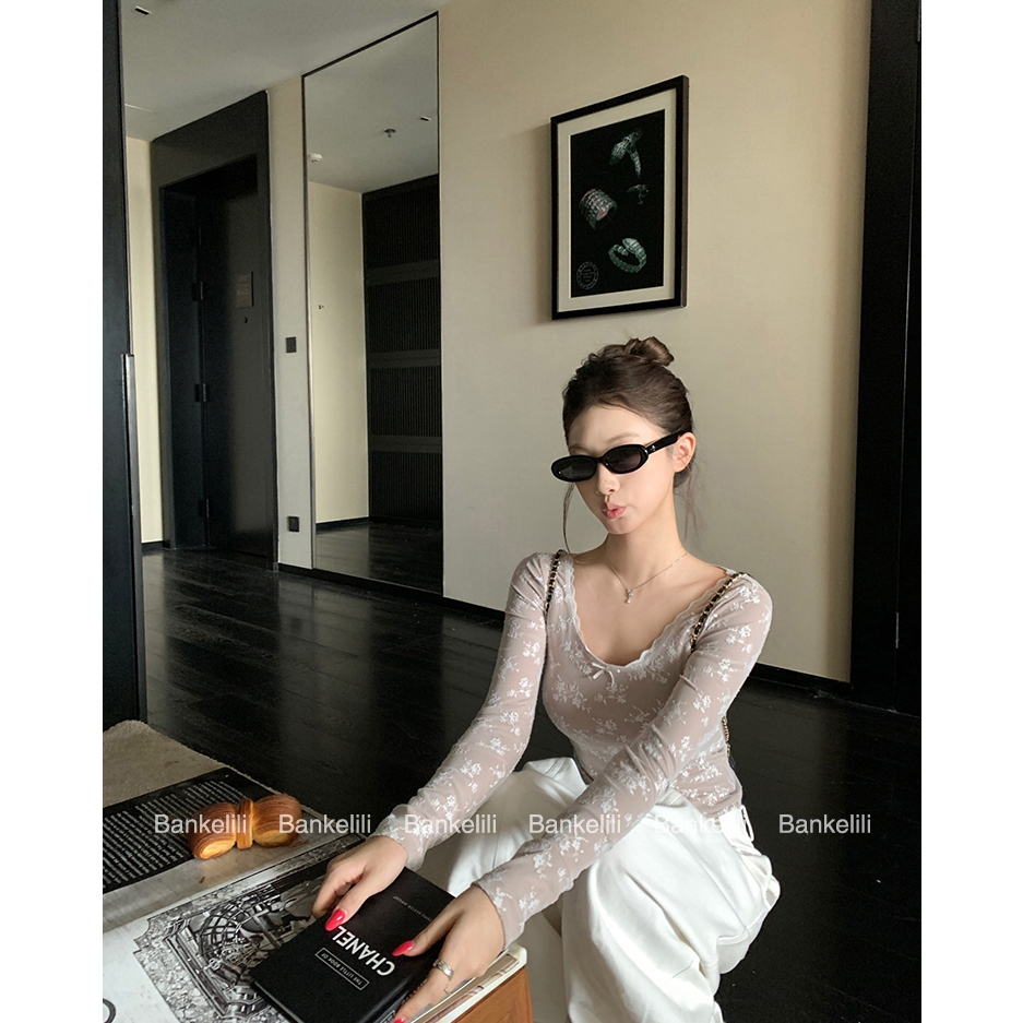 【Hàng giao ngay】Áo thun dài tay phong cách Pháp thu đông, thiết kế slim-fit ôm body với nơ phối ren