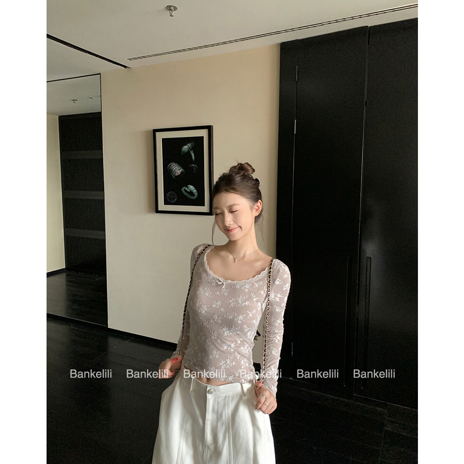 【Hàng giao ngay】Áo thun dài tay phong cách Pháp thu đông, thiết kế slim-fit ôm body với nơ phối ren