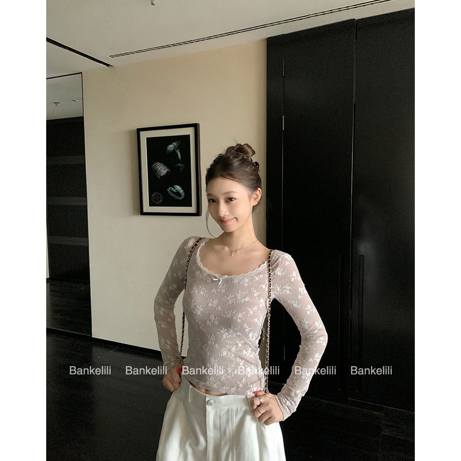 【Hàng giao ngay】Áo thun dài tay phong cách Pháp thu đông, thiết kế slim-fit ôm body với nơ phối ren