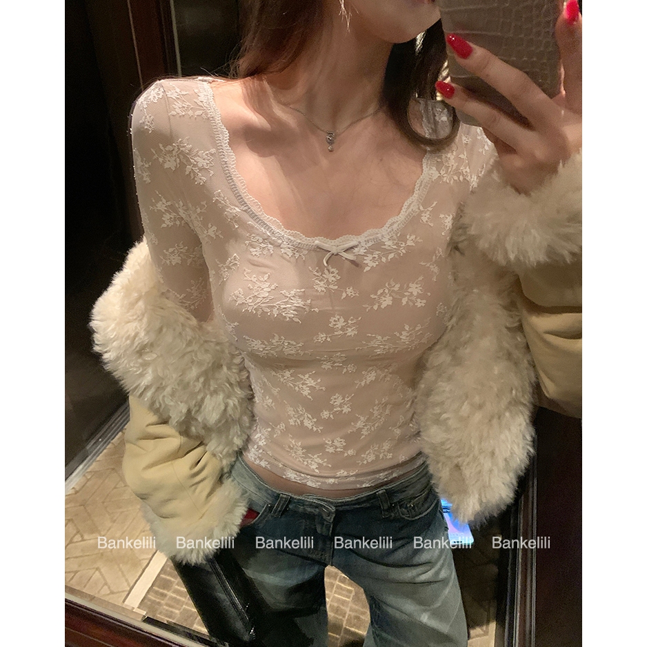 【Hàng giao ngay】Áo thun dài tay phong cách Pháp thu đông, thiết kế slim-fit ôm body với nơ phối ren