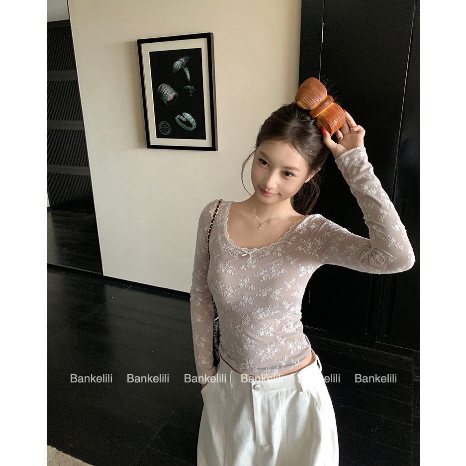 【Hàng giao ngay】Áo thun dài tay phong cách Pháp thu đông, thiết kế slim-fit ôm body với nơ phối ren