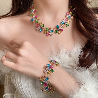 Bộ trang sức nữ gồm vòng tay, vòng cổ và bông tai hình bầu dục, hoa kim cương, dây chuyền thanh lịch theo xu hướng châu Âu và Mỹ