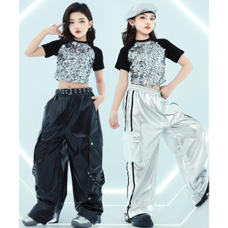 Jazz Dance Trang Phục Bé Gái Thời Trang Crop Rốn Sequins Khiêu Vũ Biểu Diễn Quần Da Hiệu Suất Trang Phục