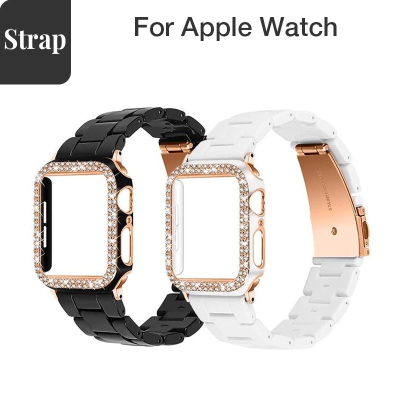 Nam Nữ Hai Màu Kim Cương Ốp Lưng Nhựa Bộ Dây Đeo Thích Hợp Cho Apple Watch SE3 S9 S8 SE S7 S6 40mm 44mm 41mm 45mm Dây Đeo Tay