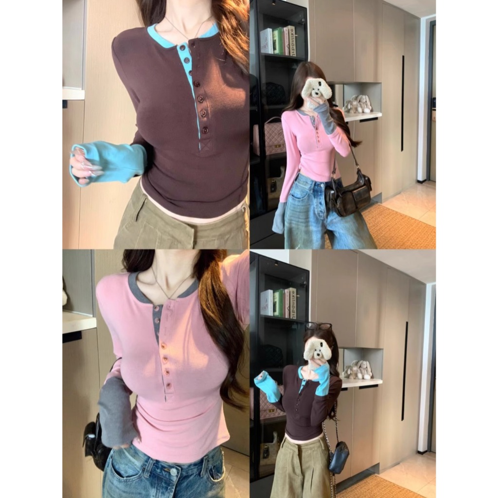 【Hàng giao ngay】Áo nữ phiên bản Hàn Quốc thu đông, thiết kế slimfit dáng gọn, kiểu giả yếm, màu sắc đa dạng.