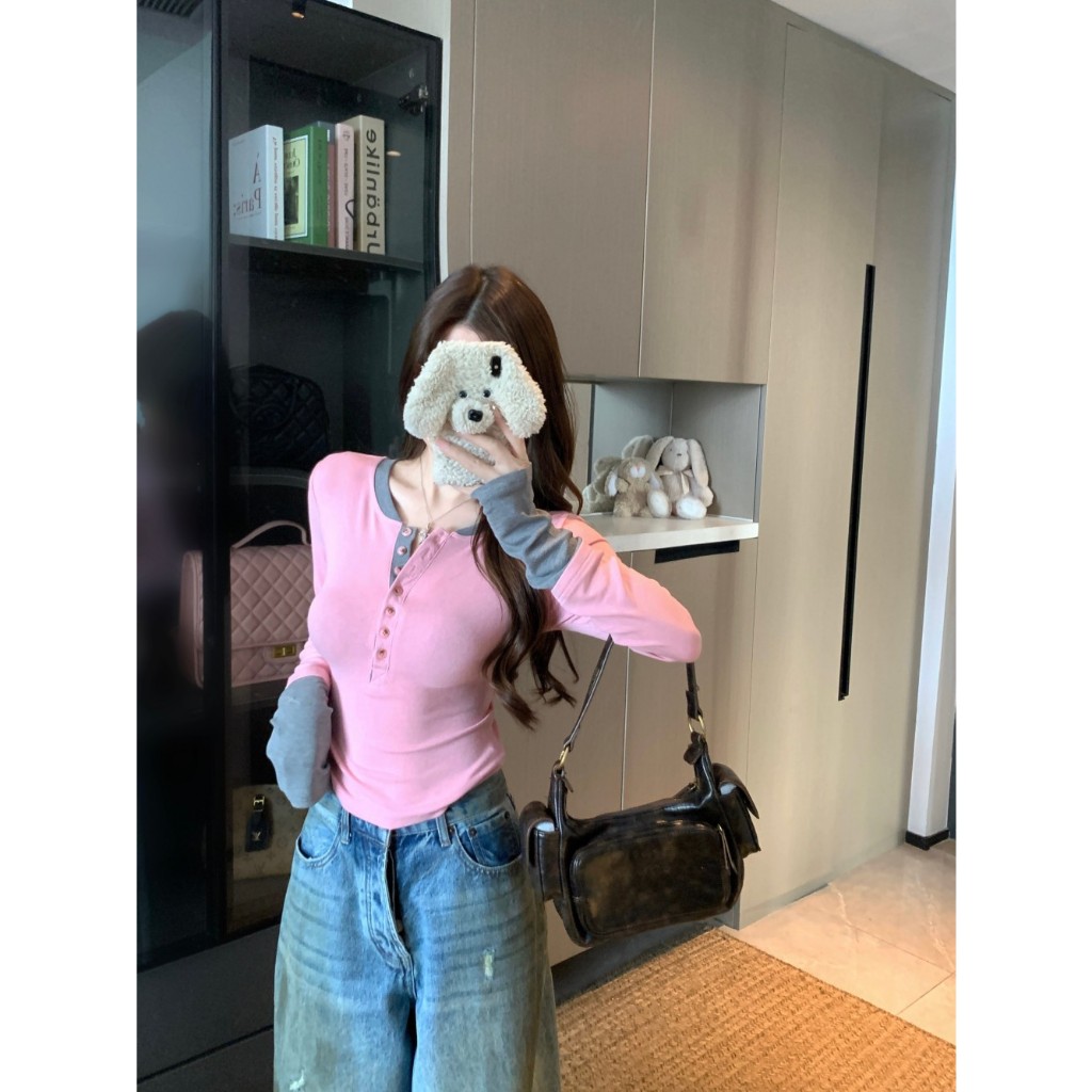 【Hàng giao ngay】Áo nữ phiên bản Hàn Quốc thu đông, thiết kế slimfit dáng gọn, kiểu giả yếm, màu sắc đa dạng.