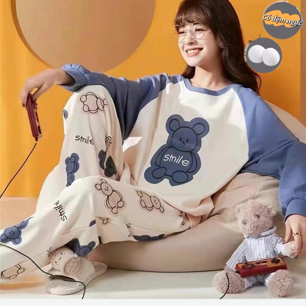 Bộ đồ ngủ nữ dễ thương mới thu xuân 2026: Áo cổ tròn cotton mát in hình hoạt hình【mặc nhà hay dạo phố đều đẹp】